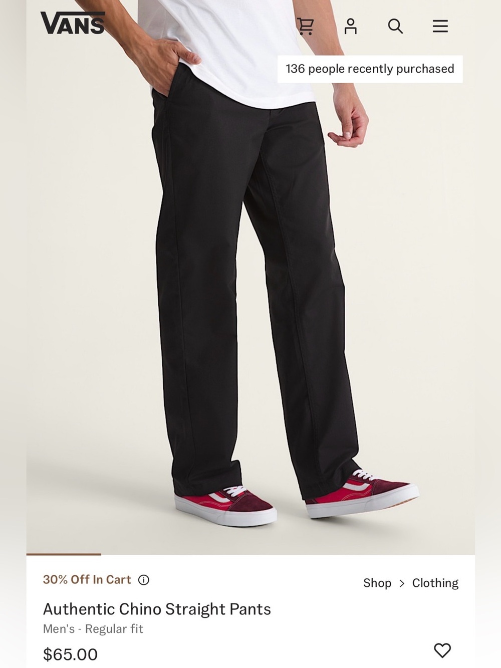 VANS Authentic Chino Straight Pants - Black Size 28